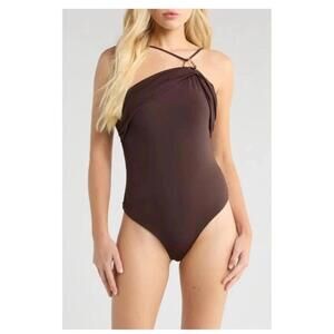 Mango Women’s Brown Asymmetrical Neckline One Piece Sz Medium